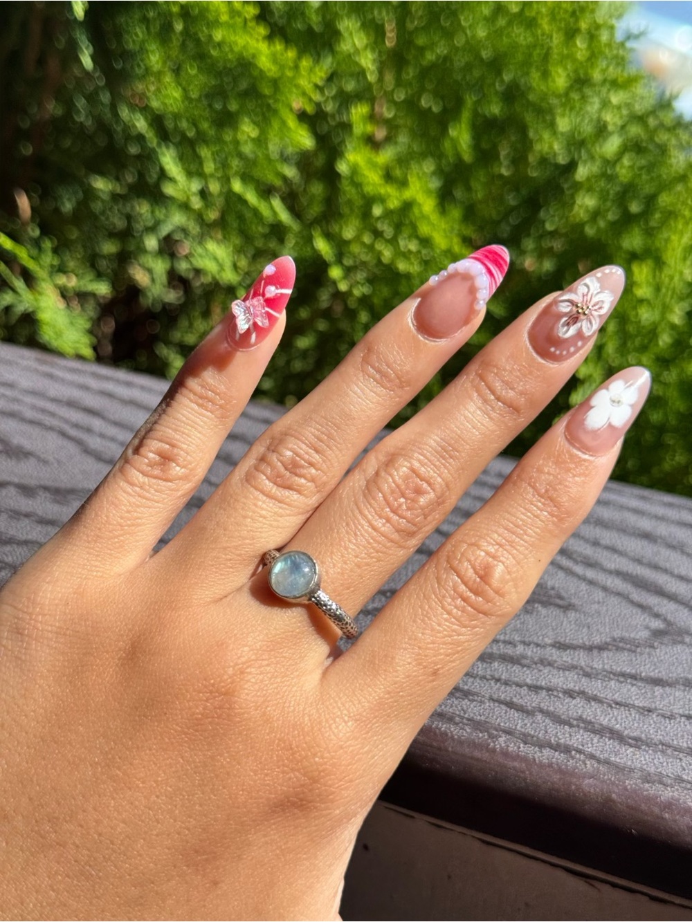 Sterling Silver 925 Moonstone Ring - Iridescent Blue-Green Glow size 9 1/2